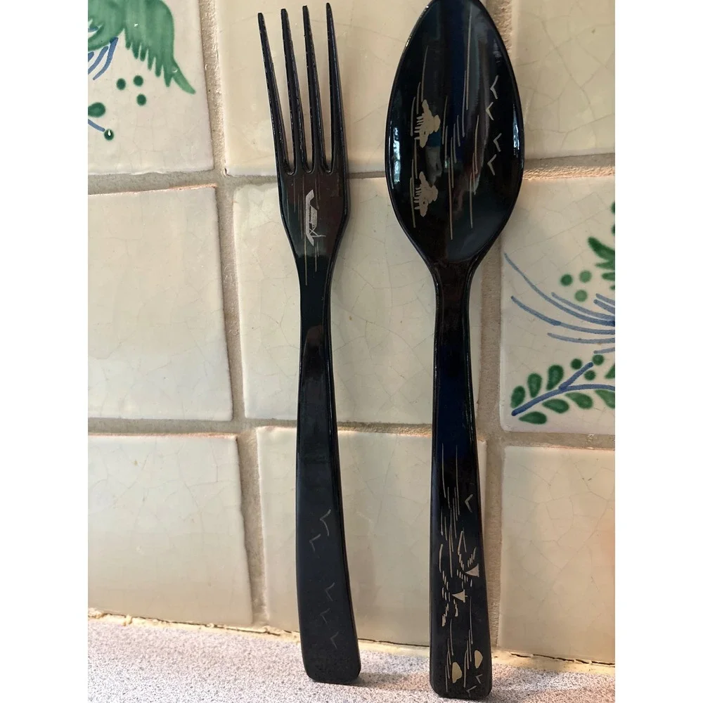 Vintage Japanese‎ Black Lacquerware Salad Serving Spoon Fork Set Nautical Gold